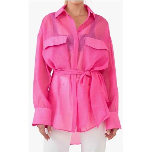 Grey Lab Woman's Sz S Pink Sheer Oversize Overshirt in Pink with Belt - Picture 1 of 9